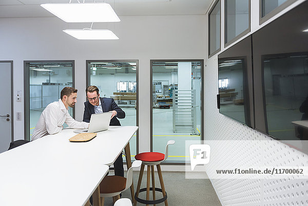 Zwei Geschäftsleute sitzen in einem modernen Büro und diskutieren vor dem Laptop.