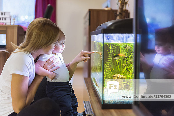 Mutter und Sohn beim Blick ins Aquarium