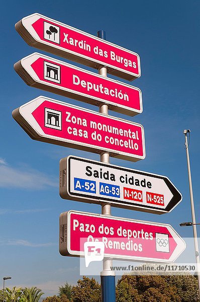 Urban directions signs  Orense  Region of Galicia  Spain  Europe.