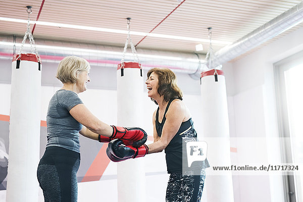Zwei glückliche Seniorinnen mit Boxhandschuhen im Fitnessstudio