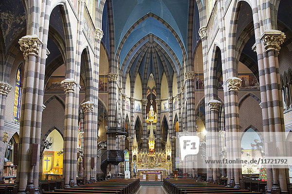'Interior of a colourful gothic-style church; Cordoba  Cordoba Province  Argentina'