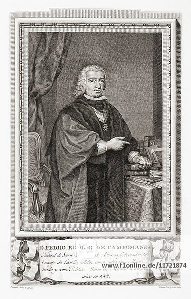 Pedro Rodríguez  Conde de Campomanes  1723 - 1802. Spanischer Staatsmann  Wirtschaftswissenschaftler und Schriftsteller. Nach einer Radierung in Retratos de Los Españoles Ilustres  veröffentlicht in Madrid  1791