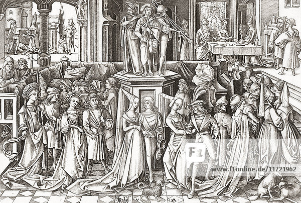 Das Fest der Salome  nach einem Stich des deutschen Druckers und Goldschmieds Israhel van Meckenem d. J. aus dem 15. oder 16. Jahrhundert  ca. 1445 - 1503.