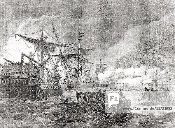 The capture of Spanish ship of the line San Miguel by the British during The Great Siege of Gibraltar  1779 - 1783  an unsuccessful attempt by Spain and France to capture Gibraltar from the British during the American War of Independence. From Cassell's Illustrated History of England  published 1861.