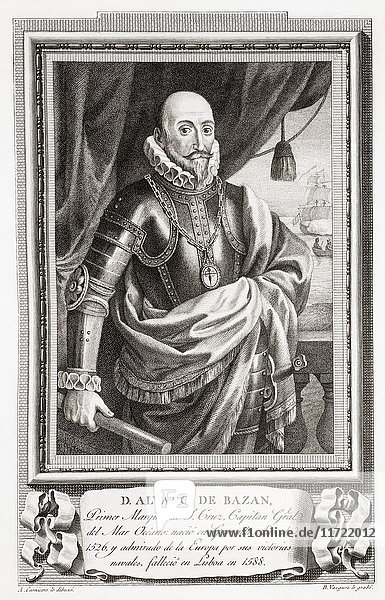 Álvaro de Bazán  1. Marquis von Santa Cruz de Mudela  1526 - 1588. Spanischer Admiral. Nach einer Radierung in Retratos de Los Españoles Ilustres  veröffentlicht in Madrid  1791