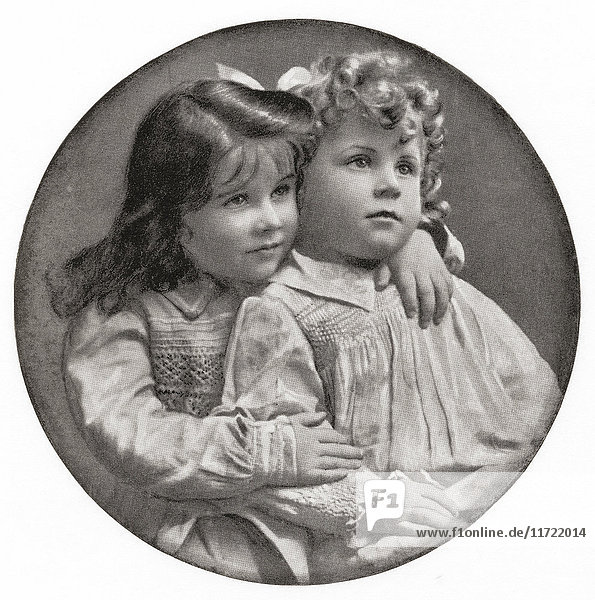 Elizabeth Angela Marguerite Bowes-Lyon  1900 –2002. Future Queen Elizabeth  The Queen Mother and mother of Queen Elizabeth II. Seen here in 1904 with her younger brother Sir David Bowes-Lyon  1902 -1961. From The Duchess of York  published c.1928.