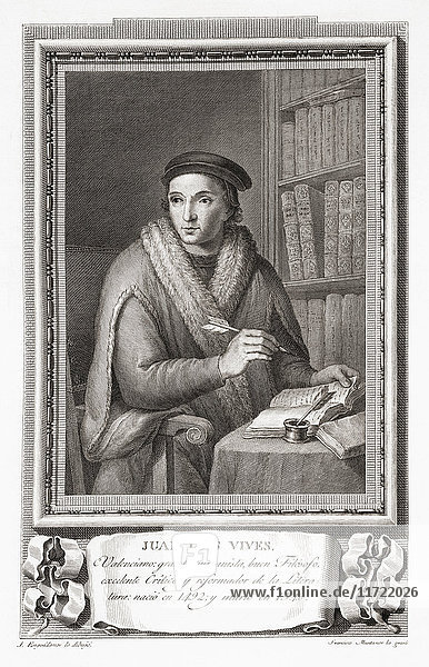 Juan Luis Vives  1493 -1540. Spanischer Gelehrter und Humanist. Nach einer Radierung in Retratos de Los Españoles Ilustres  veröffentlicht in Madrid  1791