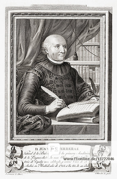 Juan de Ferreras y García  1652 - 1735. Spanischer Priester und eines der Gründungsmitglieder der Königlichen Spanischen Akademie im Jahr 1713. Nach einer Radierung in Retratos de Los Españoles Ilustres  veröffentlicht in Madrid  1791