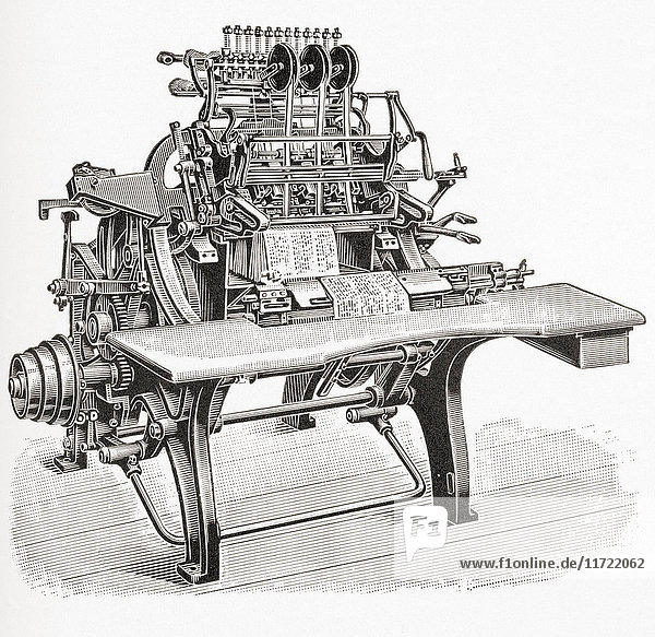 Eine Maschine aus dem 19. Jahrhundert  mit der die Seiten von Büchern zusammengeheftet wurden. Aus Meyers Lexikon  veröffentlicht 1924.