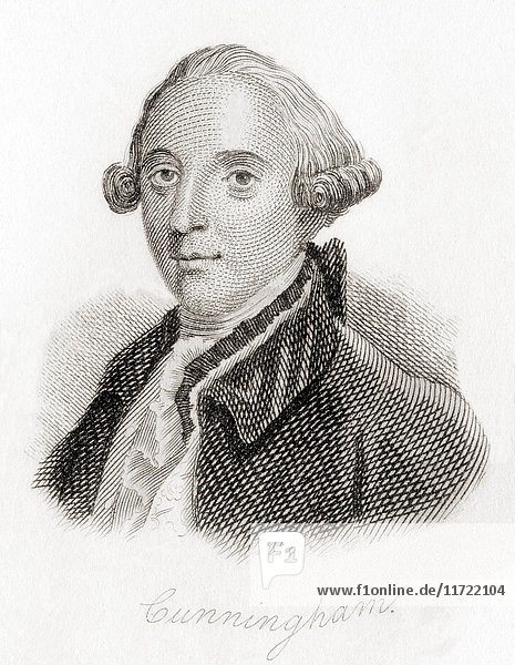 John Cunningham  1729 - 1773. In Dublin geborener Dramatiker  Dichter und Schauspieler. Aus Crabb's Historical Dictionary  veröffentlicht 1825.