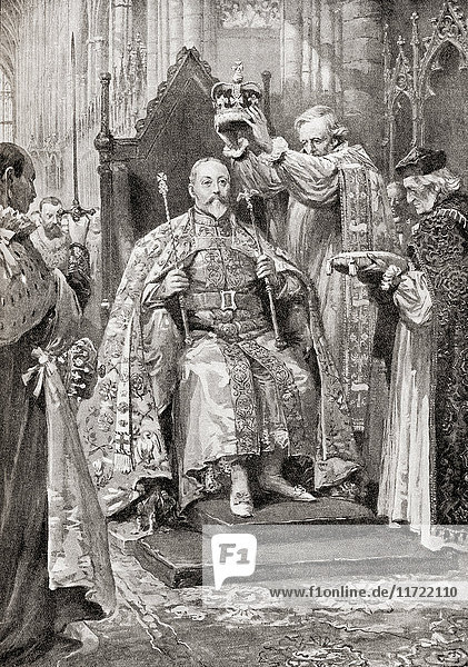 Der Erzbischof von Canterbury krönt Edward VII. zum König. Edward VII.  1841 - 1910. König des Vereinigten Königreichs und der britischen Dominions und Kaiser von Indien. Aus der Jahrhundertausgabe von Cassell's History of England  veröffentlicht um 1900