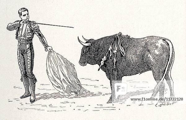 Ein spanischer Matador bereitet sich darauf vor  den Stier in der letzten Phase des Stierkampfes zu töten. Aus Enciclopedia Ilustrada Segui  veröffentlicht um 1900
