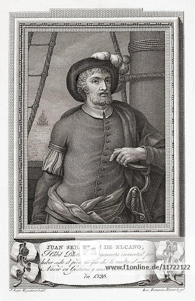 Juan Sebastián Elcano alias Juan Sebastián del Cano  1476 - 1526. Spanischer Entdecker  der die erste Weltumsegelung unternahm. Nach einer Radierung in Retratos de Los Españoles Ilustres  veröffentlicht in Madrid  1791