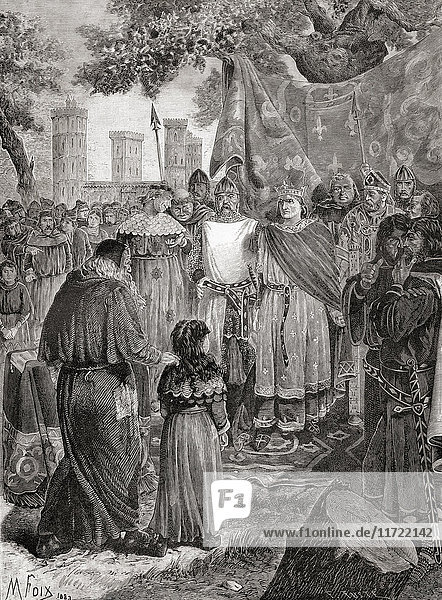 Louis IX of France holding a royal court of justice under an oak tree in the forest of Vincennes Paris France in the 13th century. Louis IX 1214 – 1270 aka Saint Louis. King of France. From a 19th century print.
