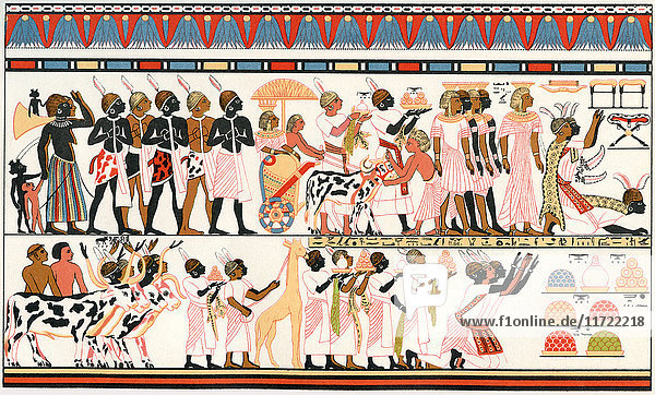 Nubische Häuptlinge bringen dem König von Ägypten Geschenke  Kopie eines altägyptischen Wandgemäldes aus einem Grab in Theben  ca. 1380 v. Chr. Aus Meyers Lexikon  veröffentlicht 1924.
