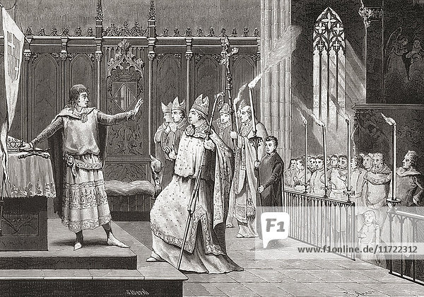 The coronation of Peter IV as King of Aragon in 1336. Peter IV 1319 – 1387. King of Aragon King of Sardinia and Corsica as Peter I King of Valencia as Peter II and Count of Barcelona and the rest of the Principality of Catalonia as Peter III. After a 19th century print.