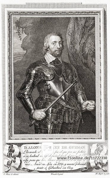 Alonso Pérez de Guzmán  1256-1309  auch bekannt als Guzmán el Bueno. Spanischer Adliger und Held Spaniens im Mittelalter. Nach einer Radierung in Retratos de Los Españoles Ilustres  veröffentlicht in Madrid  1791