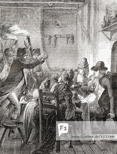 Die Verhaftung von Ludwig XVI. von Frankreich  Marie Antoinette und ihrer Familie in Varennes  1791 während der Französischen Revolution. Aus Cassell's Illustrated History of England  veröffentlicht 1861.