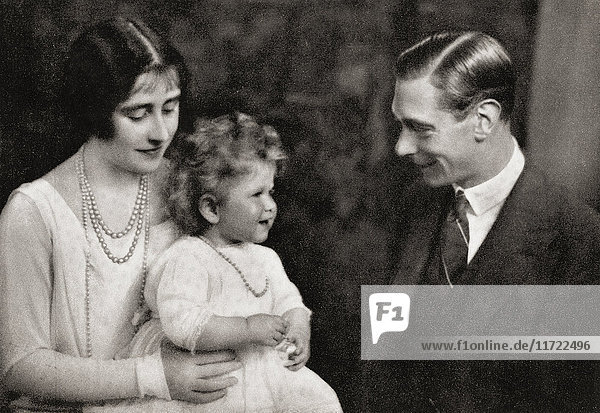 'The Duke and Duchess of York with their daughter Princess Elizabeth immediately after their return from Australia in 1927. Albert Frederick Arthur George  future George VI  1895 – 1952. King of the United Kingdom and the Dominions of the British Commonwealth. Elizabeth Angela Marguerite Bowes-Lyon  1900 –2002. Future Queen Elizabeth  The Queen Mother. Wife of King George VI and the mother of Queen Elizabeth II. Princess Elizabeth Alexandra Mary; born 1926. Future Queen Elizabeth II of the United Kingdom  Canada  Australia and New Zealand. From The Duchess of York  published c.1928.'