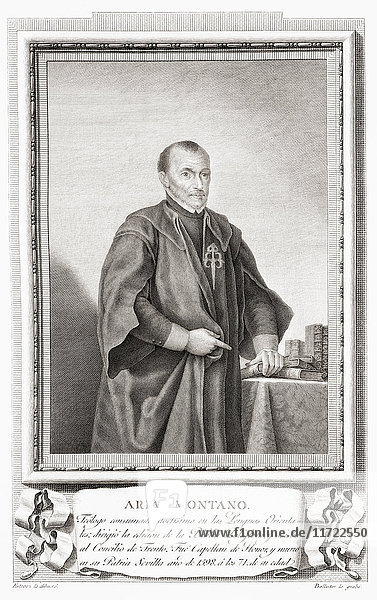 Benito Arias Montano  aka Benedictus Arias Montanus  1527–1598. Spanish orientalist and editor of the Antwerp Polyglot. After an etching in Retratos de Los Españoles Ilustres  published Madrid  1791