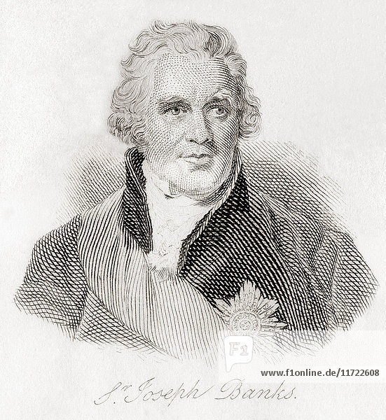 Sir Joseph Banks  1. Baronet  1743 - 1820. Britischer Naturforscher  Botaniker und Mäzen der Naturwissenschaften. Aus Crabb's Historical Dictionary  veröffentlicht 1825.