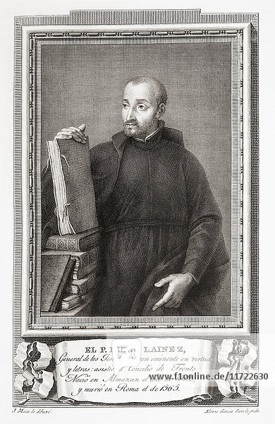 Diego Laynez or Laínez  1512 - 1565. Spanish Jesuit priest and theologian  and the 2nd Superior General of the Society of Jesus. After an etching in Retratos de Los Españoles Ilustres  published Madrid  1791