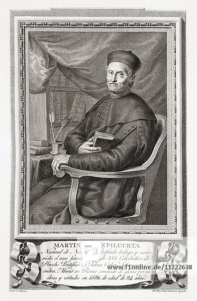 Martín de Azpilcueta alias Doktor Navarrus  1491 - 1586. Bedeutender baskischer Kanonist  Theologe und ein früher Ökonom  der als erster die monetaristische Theorie entwickelte. Nach einer Radierung in Retratos de Los Españoles Ilustres  veröffentlicht in Madrid  1791