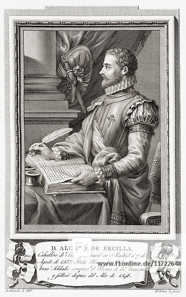 Alonso de Ercilla y Zúñiga  1533 - 1594. Spanischer Adliger  Soldat und epischer Dichter. Nach einer Radierung in Retratos de Los Españoles Ilustres  veröffentlicht in Madrid  1791