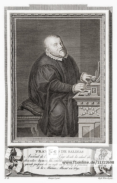 Francisco de Salinas  1513 - 1590. Spanischer Musiktheoretiker und Organist. Nach einer Radierung in Retratos de Los Españoles Ilustres  veröffentlicht in Madrid  1791