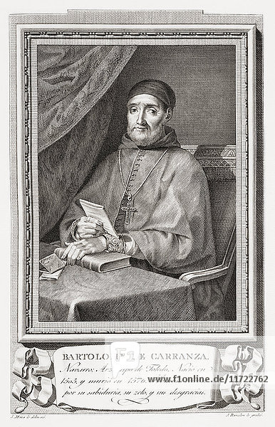 Bartolomé Carranza  manchmal auch de Miranda oder de Carranza y Miranda genannt  1503 - 1576. Spanischer Priester des Dominikanerordens  Theologe und Erzbischof von Toledo. Nach einer Radierung in Retratos de Los Españoles Ilustres  veröffentlicht in Madrid  1791