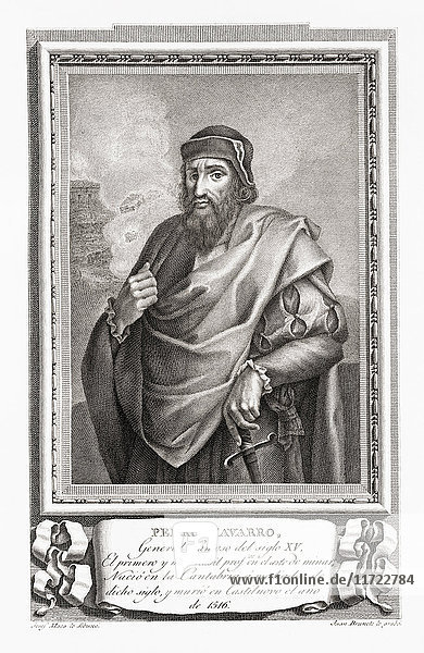 Don Pedro Navarro  Count of Oliveto  c. 1460 – 1528. Spanish military engineer and general who participated in the War of the League of Cambrai. After an etching in Retratos de Los Españoles Ilustres  published Madrid  1791
