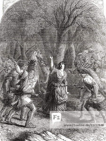 The abduction and later murder of Jennie aka Jane McCrea by Indians in 1777 during the American Revolutinary War. Jane McCrea  also spelled McCrae or MacCrae  1752 – 1777. From Cassell's Illustrated History of England  published 1861.