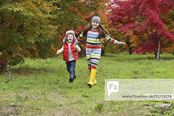 'A young boy and girl wearing rubber boots and colourful clothing run across a field holding hands with trees in bright autumn colours in the background; Oregon  United States of America'
