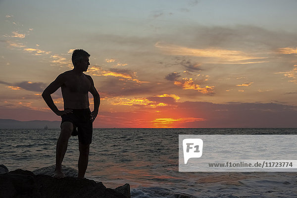 Ein Mann steht am Wasser und beobachtet den Sonnenuntergang; Puerto Vallarta  Mexiko'.