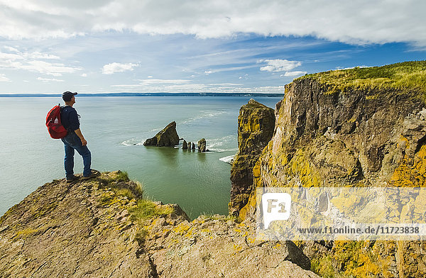 'A hiker looks out over the Bay of Fundy from Cape Split; Nova Scotia  Canada'
