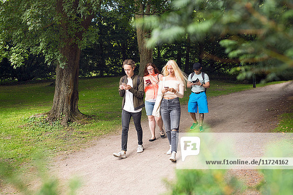 Gruppe von Freunden spielt Augmented-Reality-Spiel mit Handys im Park