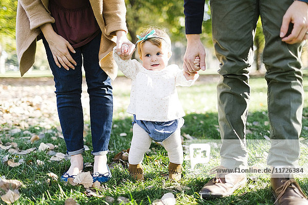 Eltern gehen mit ihrer Tochter (12-17 Monate) im Park spazieren
