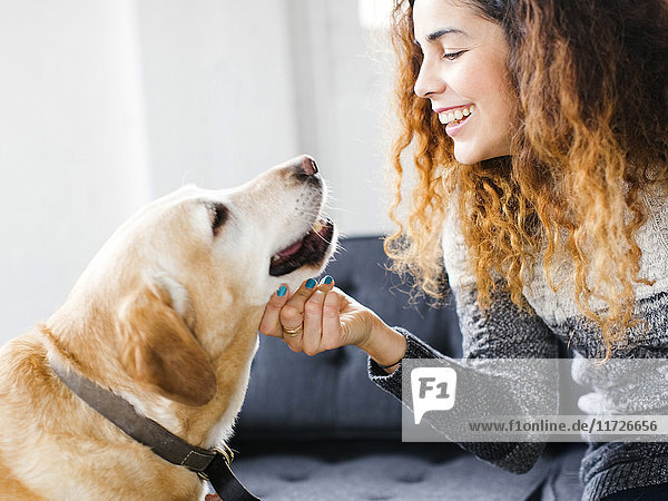 Smiling woman stroking dog in living room