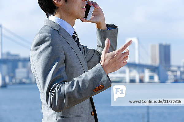 Japanischer Geschäftsmann am Telefon in der Innenstadt von Tokio,  Japan