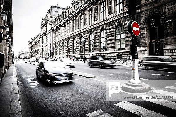 View of Rivoli Street in central Paris. Rue de Rivoli is known as one of the most famous commercial streets of Paris.