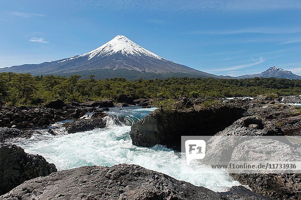 The Petrohue Rapids and Osorno Volcano in Vicente Perez Rosales National Park near Puerto Varas and Puerto Montt in the Lake District in southern Chile.