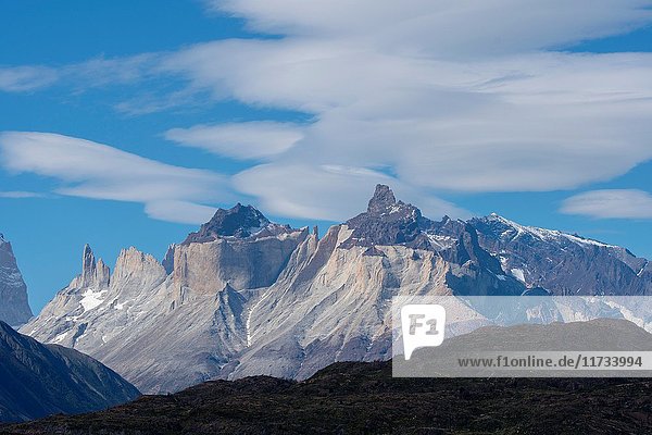 View of Cuernos del Paine Mountains from Grey Lake (Lago Grey) in Torres del Paine National Park in southern Chile.