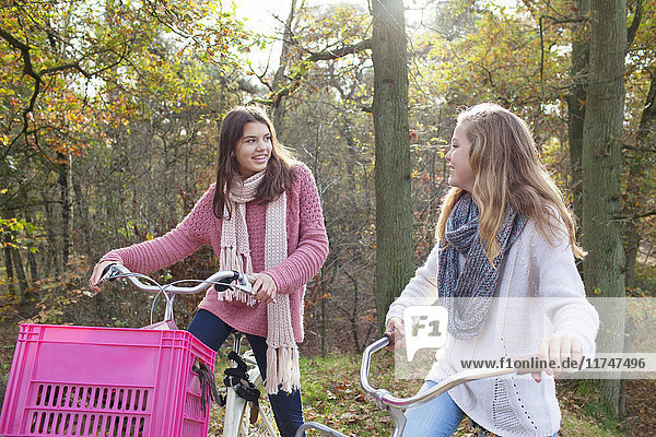 Teenager-Mädchen im Wald sitzen auf Fahrrädern mit einer rosa Kiste auf dem Fahrrad  von Angesicht zu Angesicht lächelnd