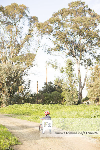 Boy pushing a bicycle on path
