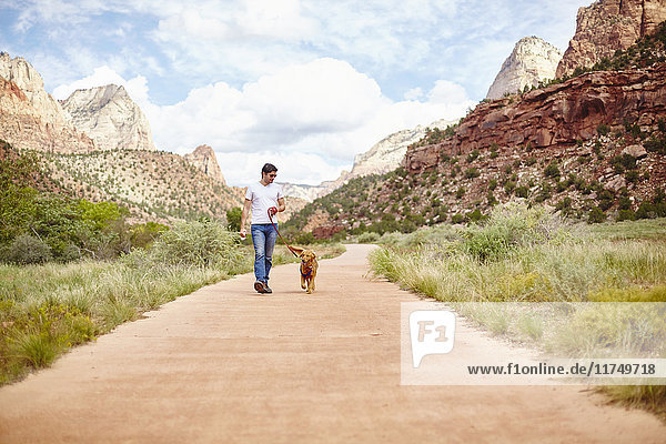 Man walking dog  Zion  Utah  USA
