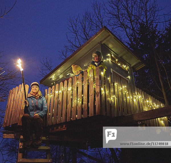 Mother and sons on wooden tree house
