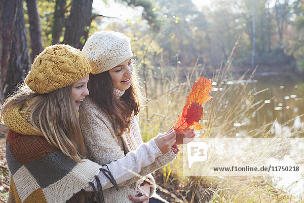 Teenager-Mädchen in Strickwaren sitzen am Fluss und schauen lächelnd auf das Herbstlaub