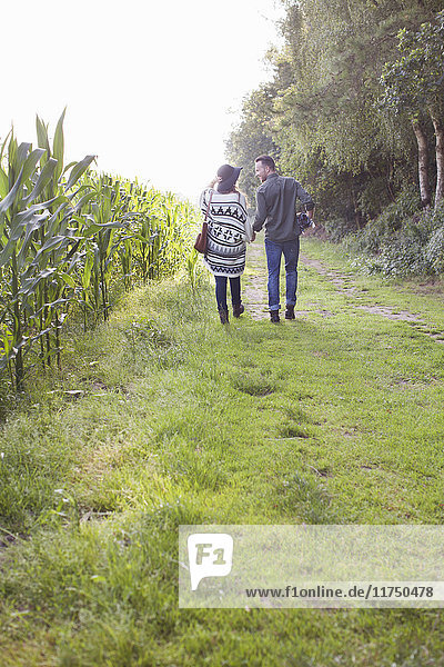 Rückansicht eines Paares  das im Feld spazieren geht und sich an den Händen hält