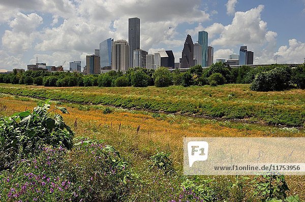 View from the cycle lane along the White Oak River with the skyline in the background  Houston  Texas  United States of America  North America.