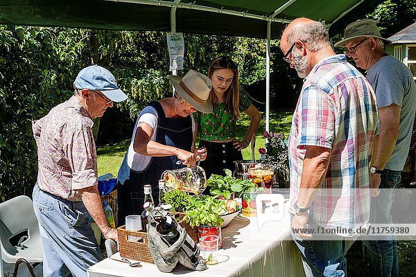 A Woman Serves Cups Of 'Pimms' A Traditional Summer Alchoholic Drink At The Chiddingly Fete  Chiddingly  East Sussex  UK.